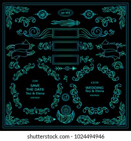 Vector new set of abstract sign, symbols, Stars, waves, Space and celestial body elements. Elements for frames, borders, corners, squares, dividers, logo and more.  Modern neon blue and green colors. 