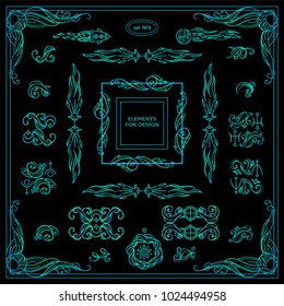 Vector new set of abstract sign, symbols, Stars, waves, Space and celestial body elements. Elements for frames, borders, corners, squares, dividers, logo and more.  Modern neon blue and green colors. 