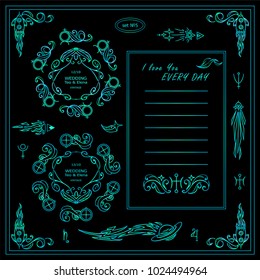 Vector new set of abstract sign, symbols, Stars, waves, Space and celestial body elements. Elements for frames, borders, corners, squares, dividers, logo and more.  Modern neon blue and green colors. 