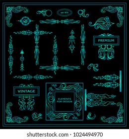 Vector new set of abstract sign, symbols, Stars, waves, Space and celestial body elements. Elements for frames, borders, corners, squares, dividers, logo and more.  Modern neon blue and green colors. 