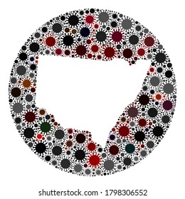 Vector New South Wales map collage of covid-2019 virus. Infection attacks the quarantine territory from out space. Hole circle New South Wales map collage formed with infection icons.
