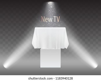 Vector new TV concept, exhibition with screen in lights of projectors. Mock up of plasma television, modern video system on transparent background. HDTV digital technology under white fabric, textile