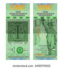Vektorneue vertikale Banknote von 1 US-Dollar 2024. Verstreut und umgekehrt. Freiheitsstatue. Landeswährung. Spielgeld.