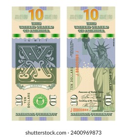 Vector new vertical banknote of 10 US dollars 2024. Obverse and reverse. Statue of Liberty and letter x. National currency.