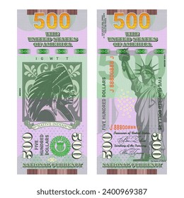 Vector new vertical banknote of 500 US dollars 2024. Obverse and reverse. Statue of Liberty and native american indian. National currency.