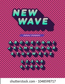 Vector new wave font long shadow style modern typography. Alphabet for party poster, t shirt, kids book, logo, emblem, printing on fabric, promotion, greeting card, decoration, stamp, label, offer