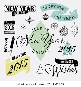 Vector new year 2015 text decorations | Vintage new year design elements | Retro new year scrapbook and greeting card decorations 