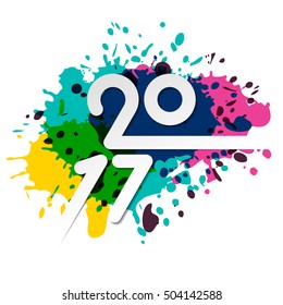Vector New Year 2017 greeting card with multicolor watercolor background. Hand drawn abstract holiday illustration. Trendy concept for banner, poster, invitation, flyer design.
