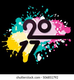 Vector New Year 2017 greeting card with multicolor watercolor background. Hand drawn abstract holiday illustration. Trendy concept for banner, poster, invitation, flyer design.