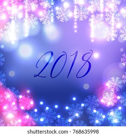 Vector new year 2018 card. Winter background with bokeh, snowflake and lights. Frozen pattern