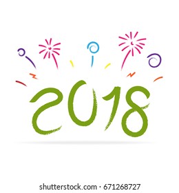 Vector of new year 2018 with colorful firework in brush stroke doodle style,holiday greeting card seasonal celebration