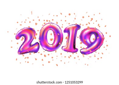 vector New year 2019 celebration. purple foil balloons numeral 2019 and confetti on white background. 3d rendering