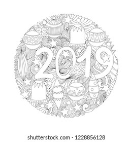Vector New Year 2019 Colouring Page with Retro Christmas Balls. 