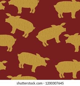 Vector of new year 2019 seamless pattern with gold pig on deepred background
