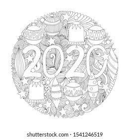 Vector Año Nuevo 2020 para colorear con bolas de Navidad retro. 