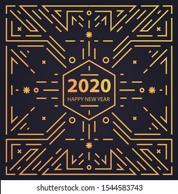 Vector New Year 2020 geometric card, banner, artdeco background. Line style christmas invitation Greeting