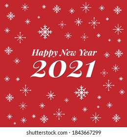 Vector new year 2021 greeting card with white snowflakes and red background
