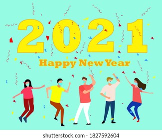 vector of new year 2021 party with people dancing and wearing mask 