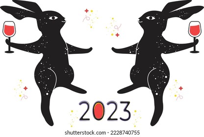 Vector new year 2023 with black dansing rabbits. Trendy print design collection