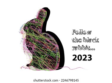 Año nuevo vector 2023 con lineal negro, bola de conejo de hilo. Colección de diseño de impresión de moda