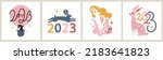 Vector new year 2023 illustration set with colored rabbits, numbers and stars. Trendy print design collection, animal lettering typography poster bundle.