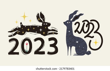 Vector new year 2023 illustration set with black rabbits and yellow stars. Trendy print design collection, animal lettering typography poster.