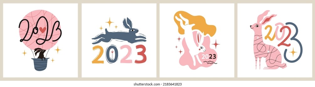 Vector new year 2023 illustration set and colored rabbits  numbers   stars  Trendy print design collection  animal lettering typography poster bundle 