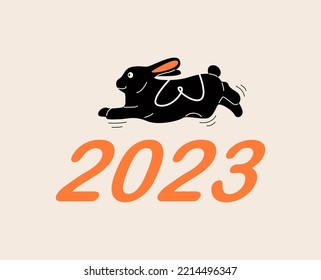 Vector new year 2023 illustration with black rabbits, numbers.
