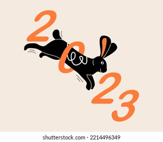 Vector new year 2023 illustration with black rabbits, numbers.
