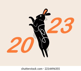 Vector new year 2023 illustration with black rabbits, numbers.
