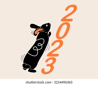 Vector new year 2023 illustration with black rabbits, numbers.
