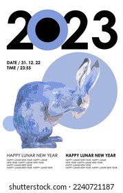 Ilustración vectorial del año 2023 con conejo azul, números y círculos. Año Nuevo chino 2023 símbolo año del conejo con fondo blanco. 
