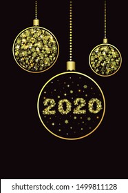 Vector New Year background 2020. Golden Christmas balls hanging with beads, snowflakes, stars and sparkles decoration. Merry Christmas greeting card. Luxury design. Shiny glitter elements.