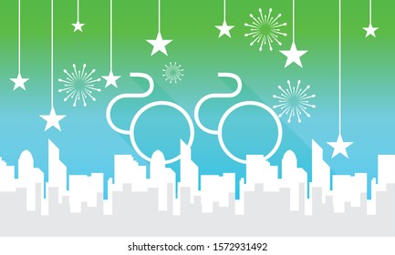 vector new year background 2020, with buildings and fireworks