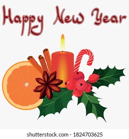 vector new year background. happy new year. new year's still life of orange, candles, star anise and mistletoe.