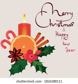 vector new year background. happy new year. Merry Christmas. new year's still life of orange, candles, star anise, and mistletoe.