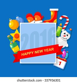 vector New Year background with winter and Christmas icons and inscription. Happy new year, bright illustration