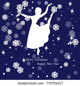 Vector of New Year banner with dancing girl silhouette andsnowfall.Christmas greeting or invitation card.
