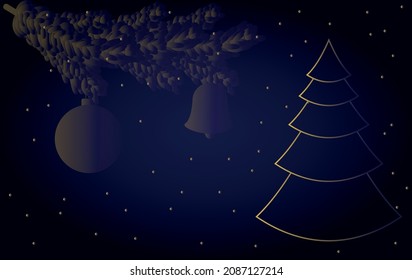 vector new year banner with dark background. flat image of postcard with christmas tree and balls