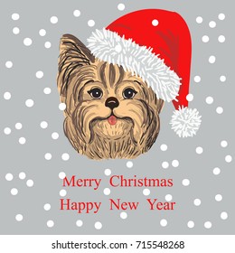 vector of new year banner with dog in Santa Claus hat as symbol new year 2018