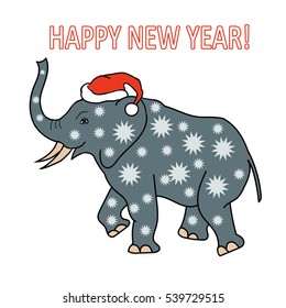 vector of new year banner with elephant in santa Claus hat and words happy New Year