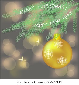 vector of new year banner with fir branch and gold ball