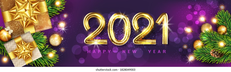 Vector New Year  banner with golden numbers 2021, new year decorations, balls, garlands, fir branches on a purple background. Flat lay. Horizontal Christmas poster, greeting card, website.