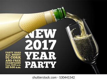 Vector New Year Banner, Invitation With Champagne Pouring In Glass