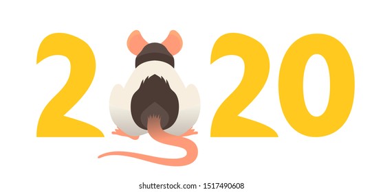 Vector new year banner with numbers 2020 and rat back with tail 