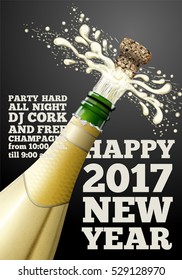 Vector New Year banner or poster concept with popping champagne bottle.