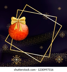 vector New Year banner with red christmas ball and golden realistic bow, on blue background with golden snowflakes
