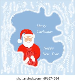 vector of New year banner with Santa Claus looking throw frosted glass
and text merry Christmas and happy New Year