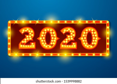 Vector New Year Banner template with bright light bulb numbers 2020 on red signboard, blue background