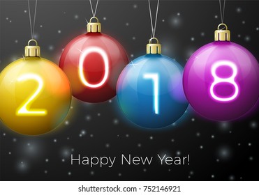 Vector New Year Banner template with bright balls and numbers 2018 on winter night background.